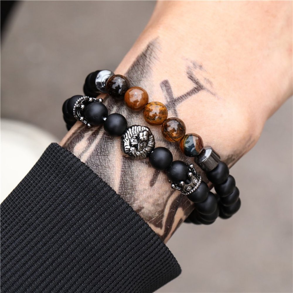 men black iron stone tiger eye stone black frosted stone bracelets - Picture 4 of 4